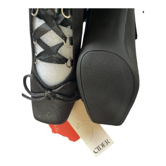 Cider Black Lace-Up Square Toe Heels with Ribbon Ties - Picture 4 of 4